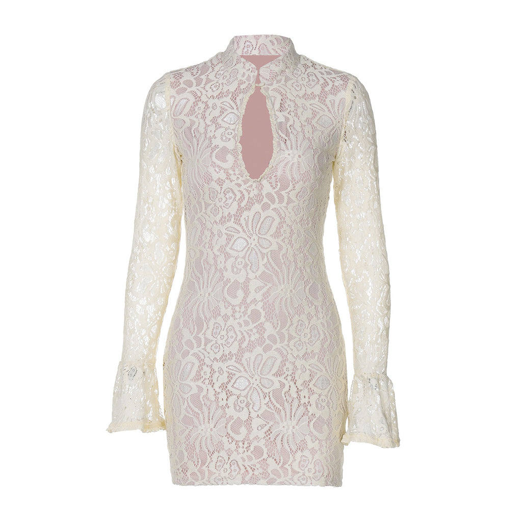 Lace Cutout Dress With High Waist And Button Details Midi Length