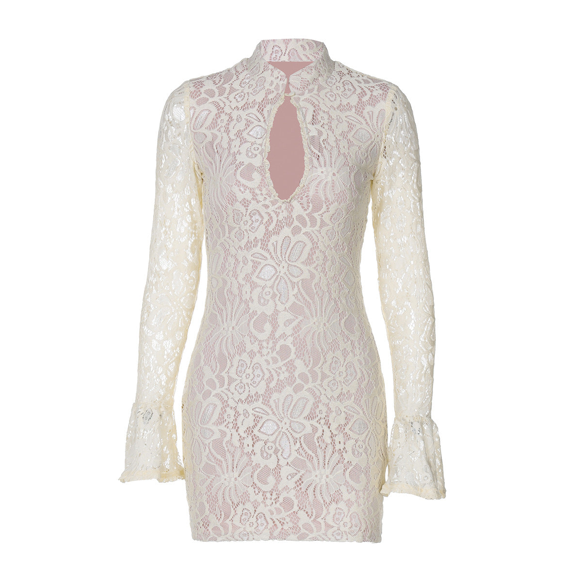 Lace Cutout Dress With High Waist And Button Details Midi Length