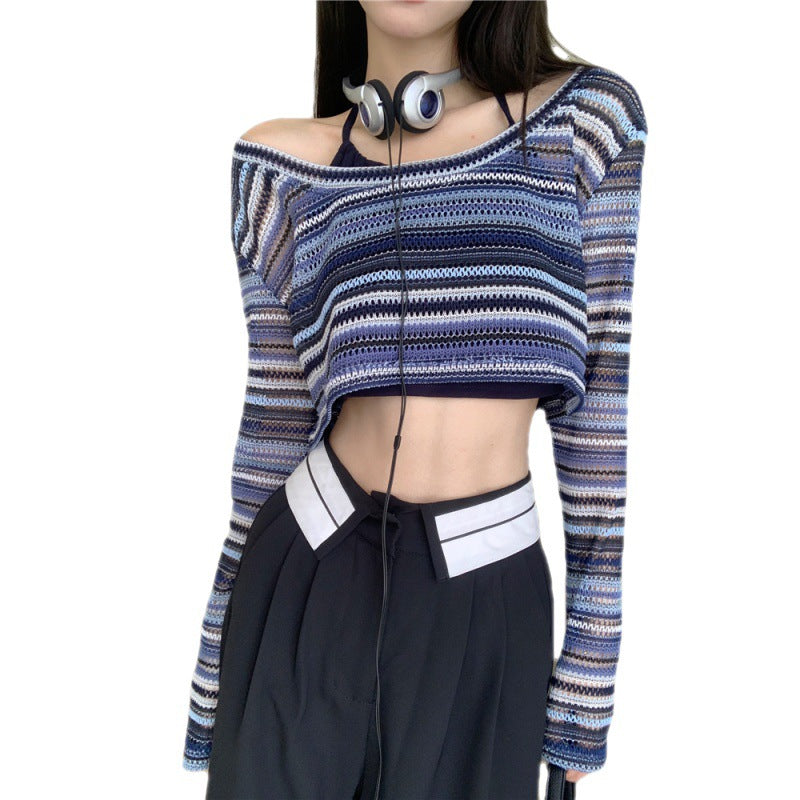 Elegant Striped Round Neck Hollow Knit Top