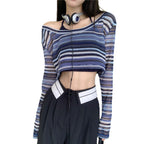 Elegant Striped Round Neck Hollow Knit Top