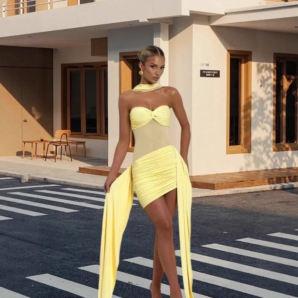 Vibrant Mesh Stitch Tube Top Dress With High Waist Hip Skirt Silhouette