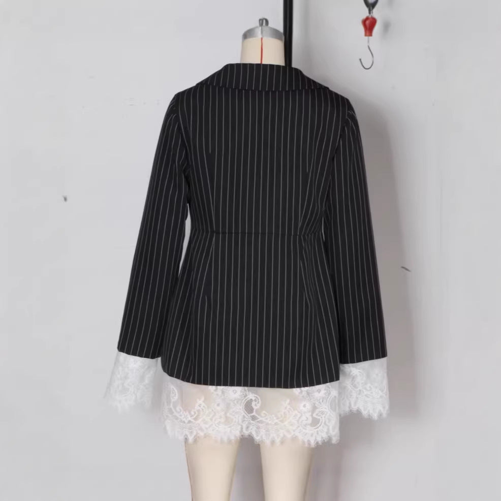 Black Striped American-style Ruffles Trim Dress