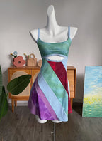 Y2K Aesthetic Patchwork Front Cut Out Stripe Spaghetti Strap Sexy Dress