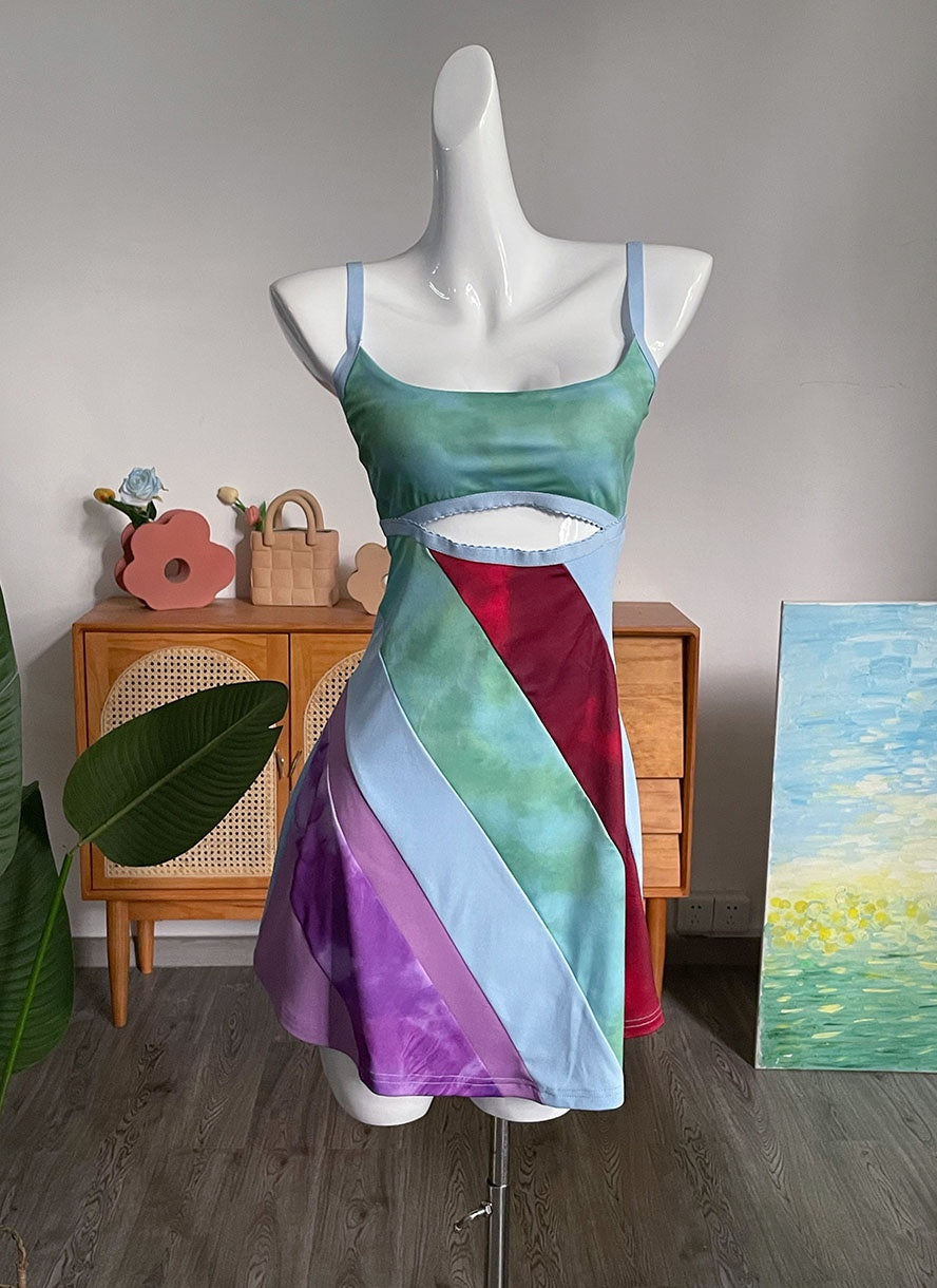 Y2K Aesthetic Patchwork Front Cut Out Stripe Spaghetti Strap Sexy Dress