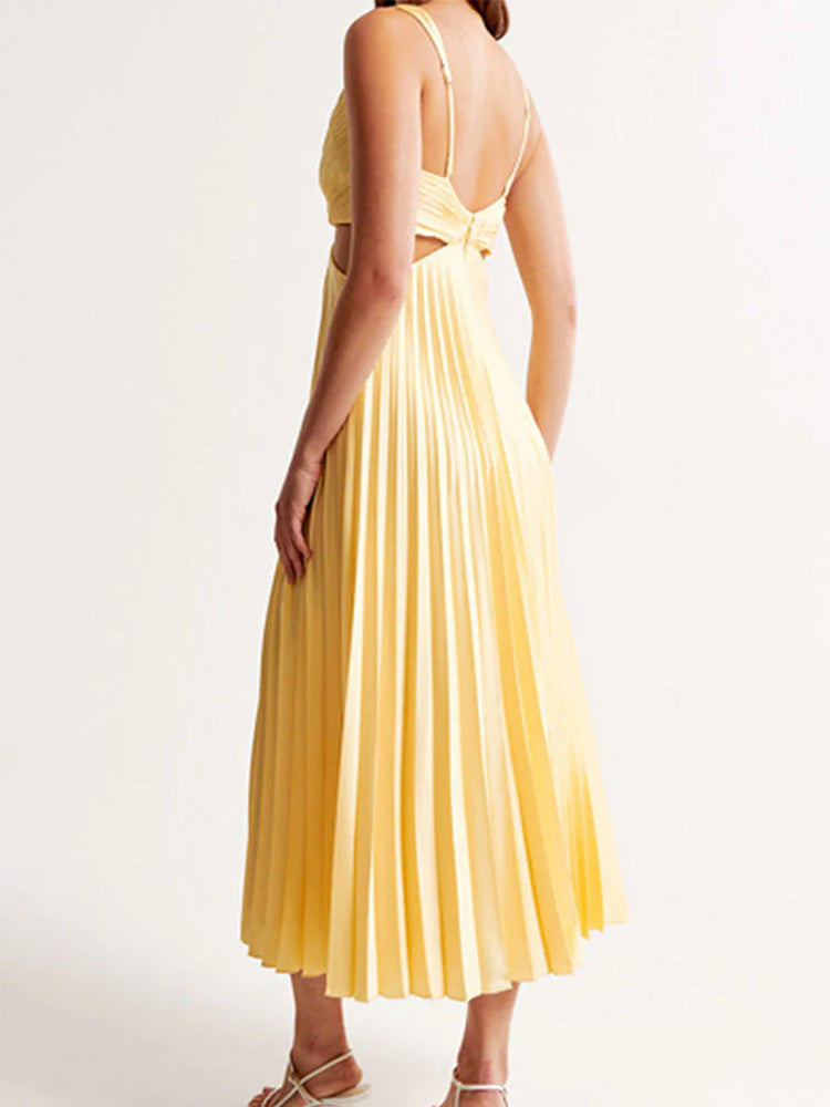 Women's V-Neck Backless Pleated Long Dress - Hollow Waist Design