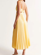 Women's V-Neck Backless Pleated Long Dress - Hollow Waist Design