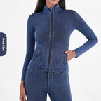 Slim Zippered Denim Yoga Jacket With Pockets High Collar For Women