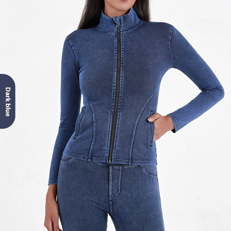 Slim Zippered Denim Yoga Jacket With Pockets High Collar For Women