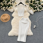 Elegant Chenille Knitted Top And Skirt Set Soft Textures