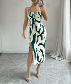 Summer Printed Mid-Length Split Dress High Waist Slim Fit