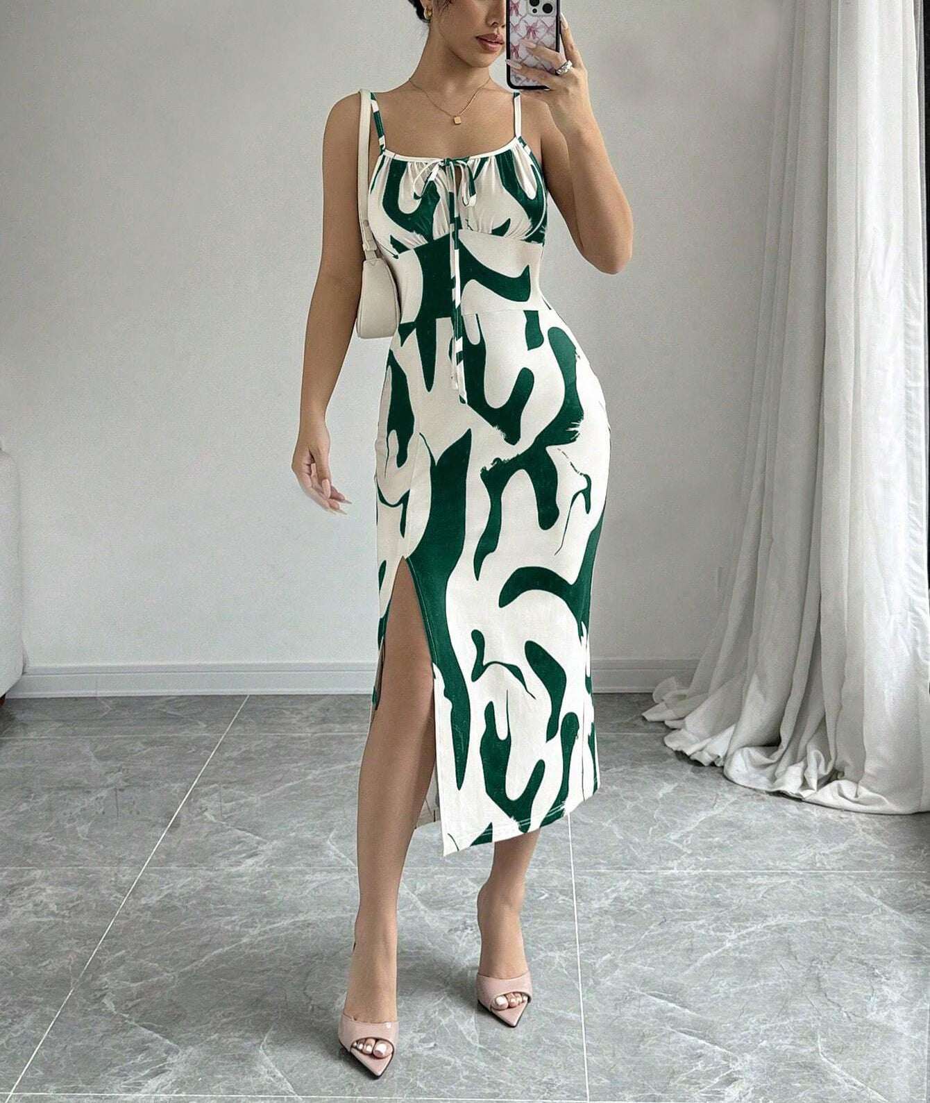 Summer Printed Mid-Length Split Dress High Waist Slim Fit