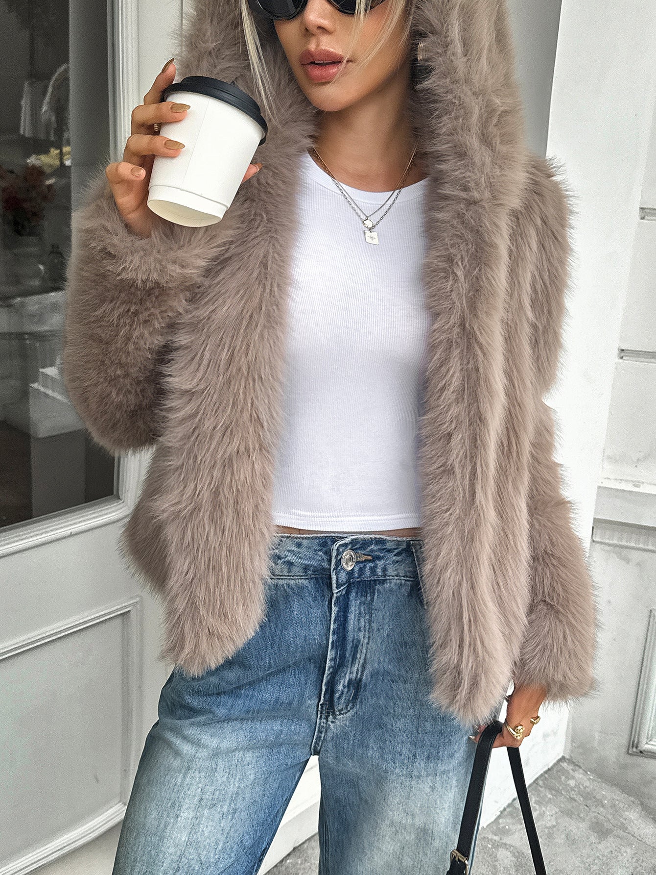 Cozy Plush Fleece Coat With Fur Collar Relaxed Casual Fit