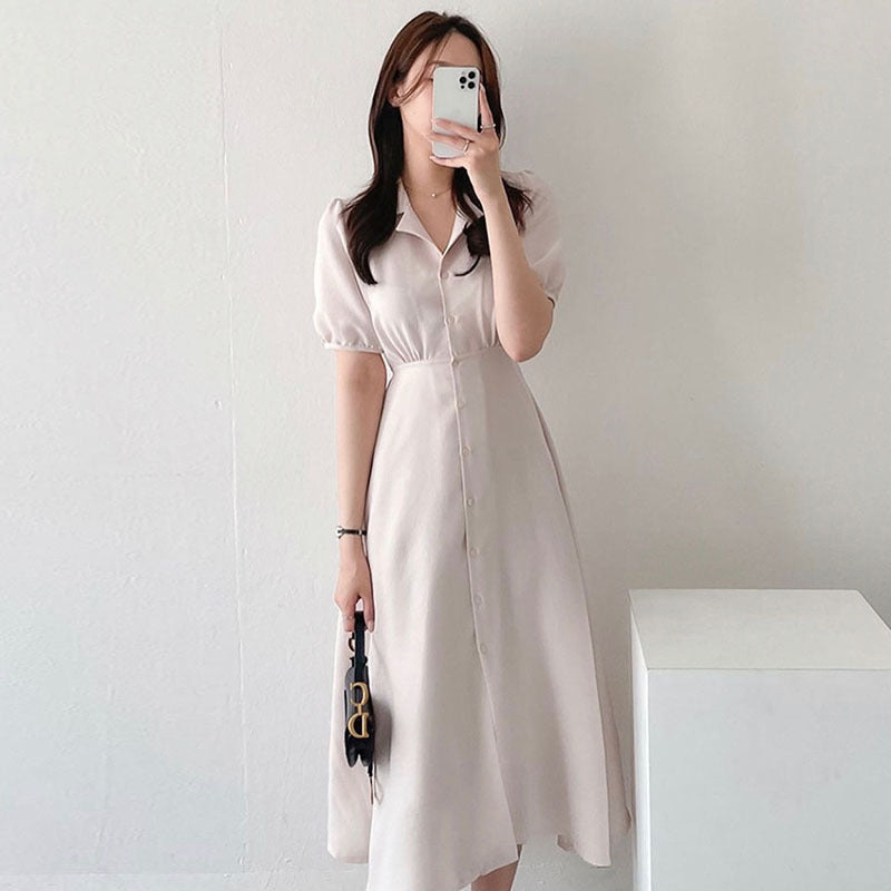 Soft Bubble Sleeve Shirt Dress With V Neck Collar