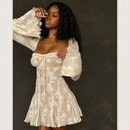 Lace Square Collar Bell-bottom Long Sleeve Tied A- Line Dress