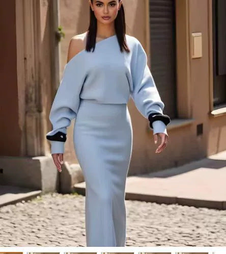 Slim Off-Shoulder Knitted Bodycon Long Sleeve Maxi Dress