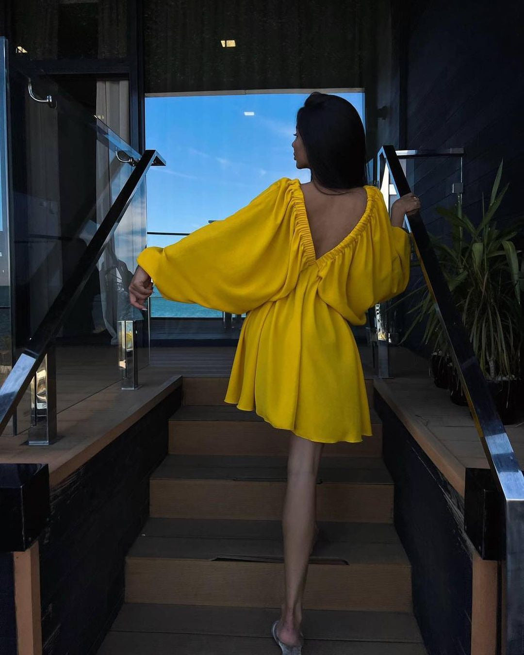 V Neck Lantern Sleeve Dress With Pleated Skirt