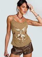 Gleaming Sequined Embroidered Sling Vest In Green And Brown
