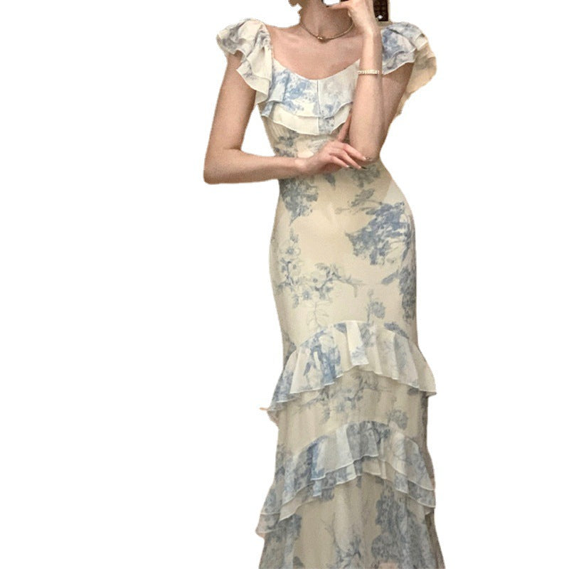 Floral Ruffle Dress With High Waist And Fishtail Skirt In Beige Blue Flower Print