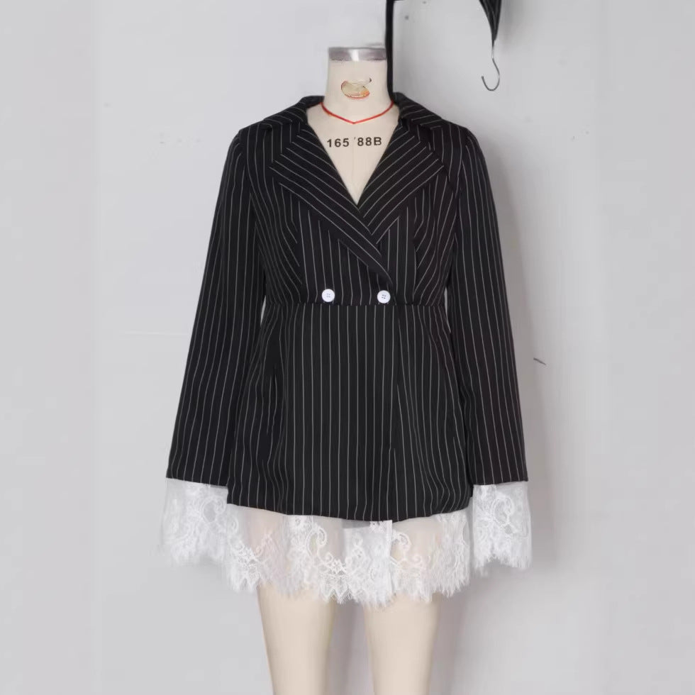 Black Striped American-style Ruffles Trim Dress