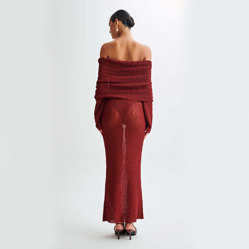 One-Shoulder Knitted Long-Sleeve Cotton Maxi Dress