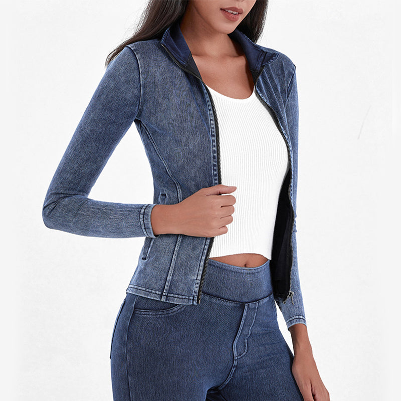 Slim Zippered Denim Yoga Jacket With Pockets High Collar For Women