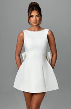 Women's Pearl Bow Backless A-Line Dress