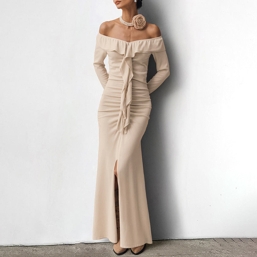 Cozy Khaki Dress With Long Sleeves And Mid Waist Chic