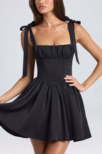 Chic Backless Bow Tie Strap Dress With High Waist Square Collar