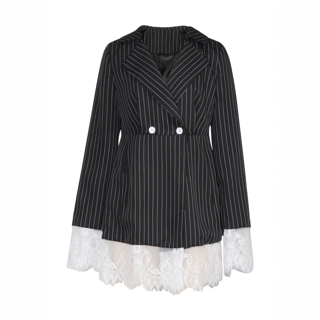 Black Striped American-style Ruffles Trim Dress