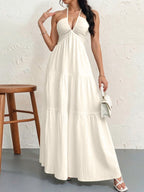 Backless Halter Neck A-Line Maxi Dress With Pleated Skirt For Beach Vacation