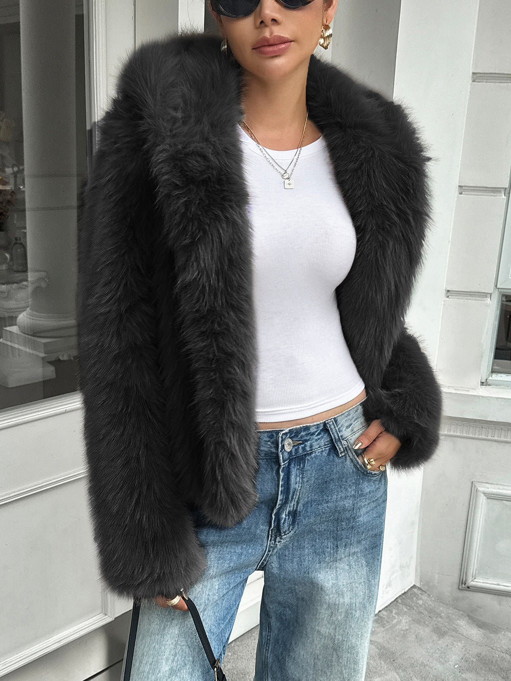 Cozy Plush Fleece Coat With Fur Collar Relaxed Casual Fit