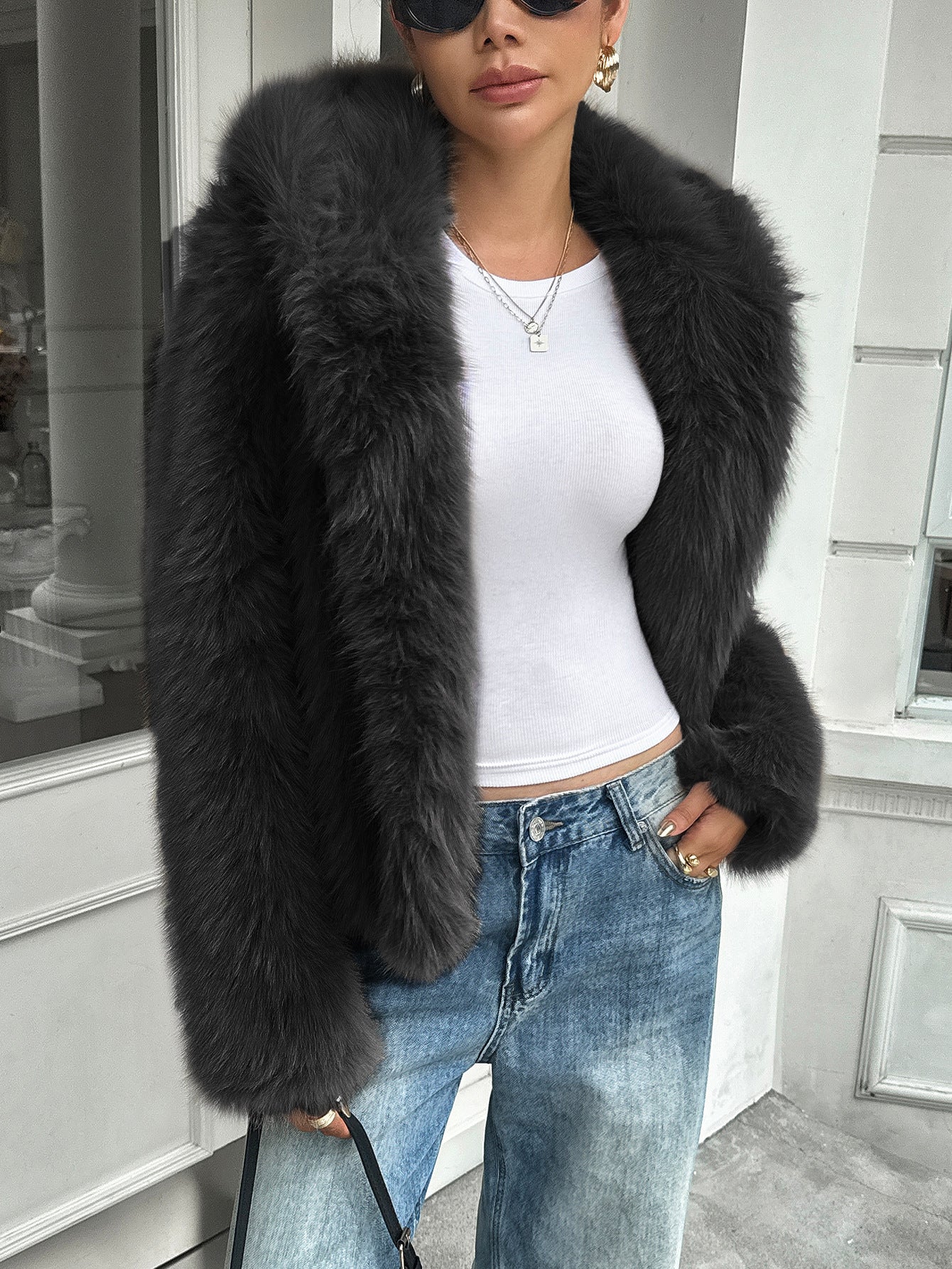 Cozy Plush Fleece Coat With Fur Collar Relaxed Casual Fit