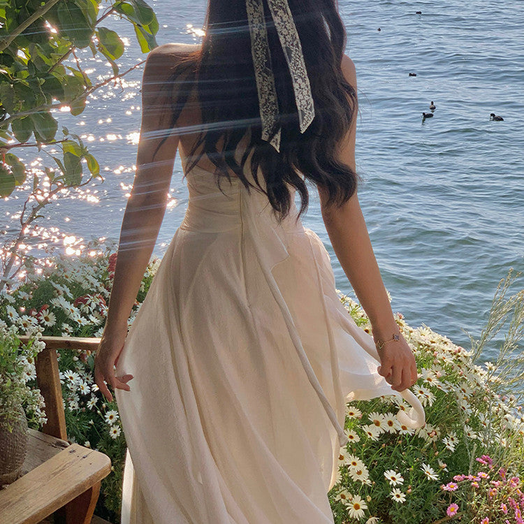 White Hanging Neck Deep V Dress