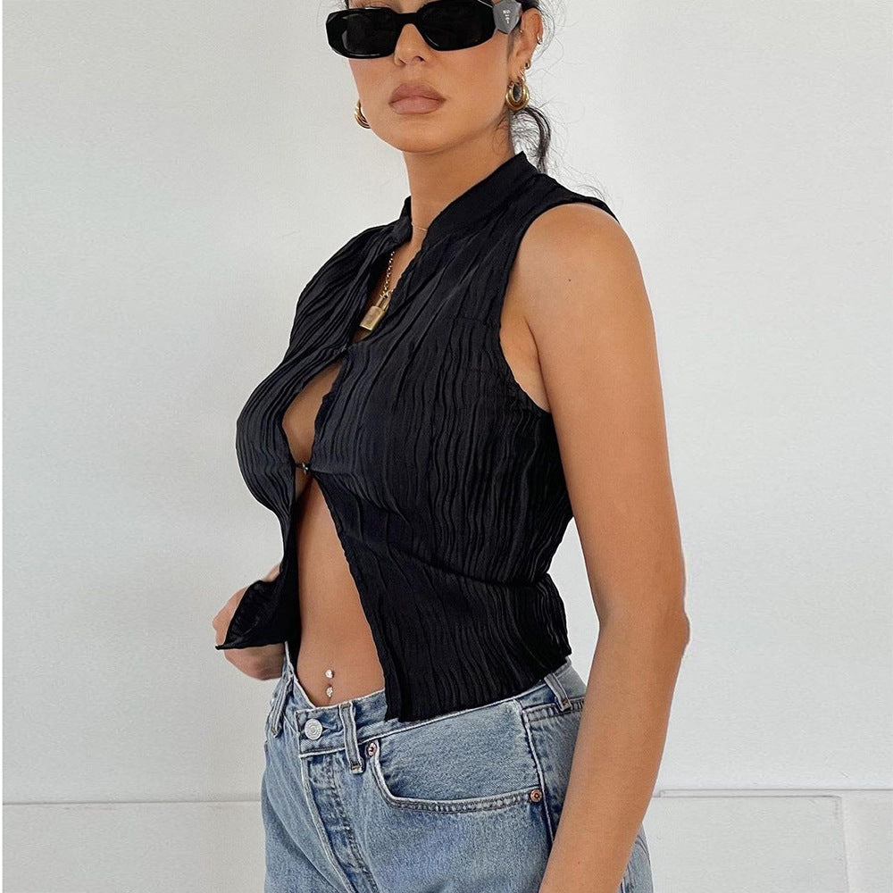 Elegant Solid Color Cropped Cardigan Tank Top For Ladies With Exposed Navel Knitted Slim