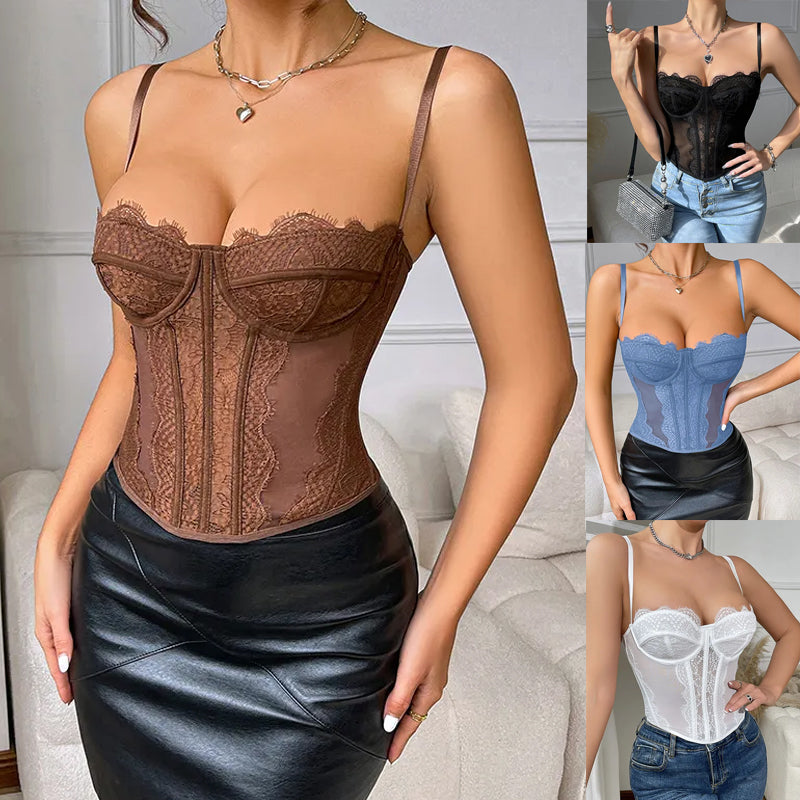 Sultry Lace Open-Back Corset Tank Top With Spaghetti Straps