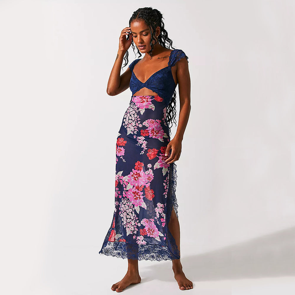 Women's V-Neck Lace Floral Print Midi Dress
