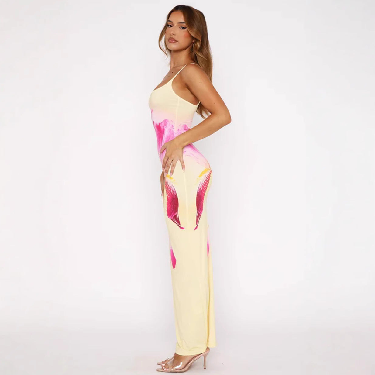 Sunny Floral Maxi Dress With Slim Straps High Waist