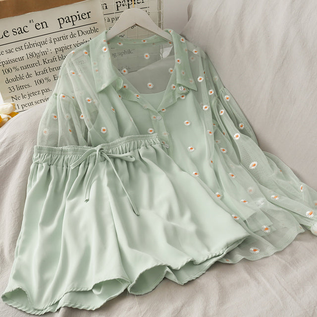 Three Piece Linen Set For Women Casual Tops Shorts