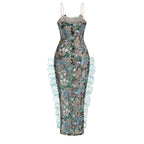 Sky Blue Sequin Dress With High Waist Asymmetric Hem Sleek Sling Style