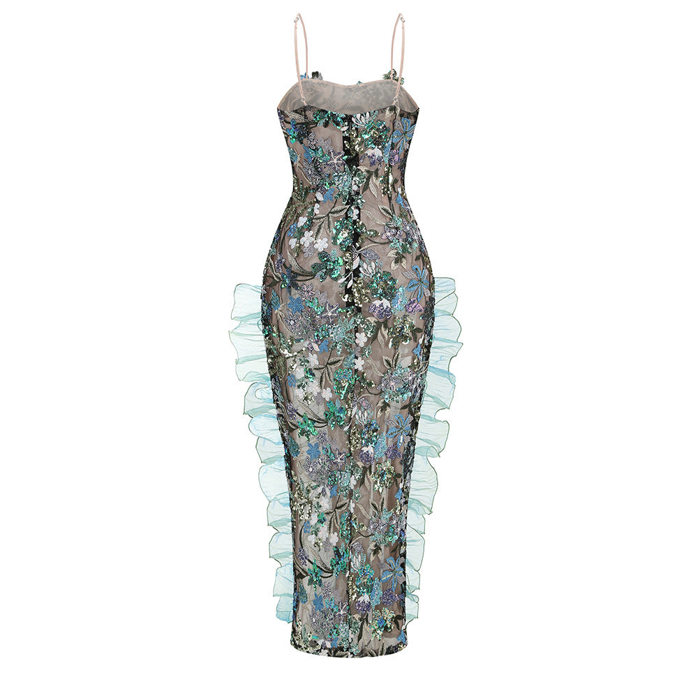 Sky Blue Sequin Dress With High Waist Asymmetric Hem Sleek Sling Style