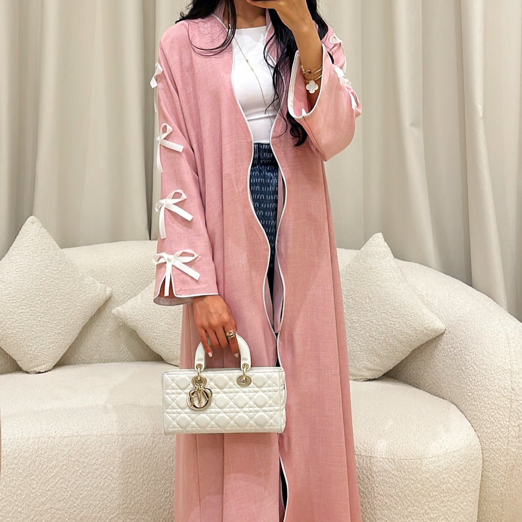 Elegant Bow Robe Maxi Dress Set With Long Sleeve Overlay