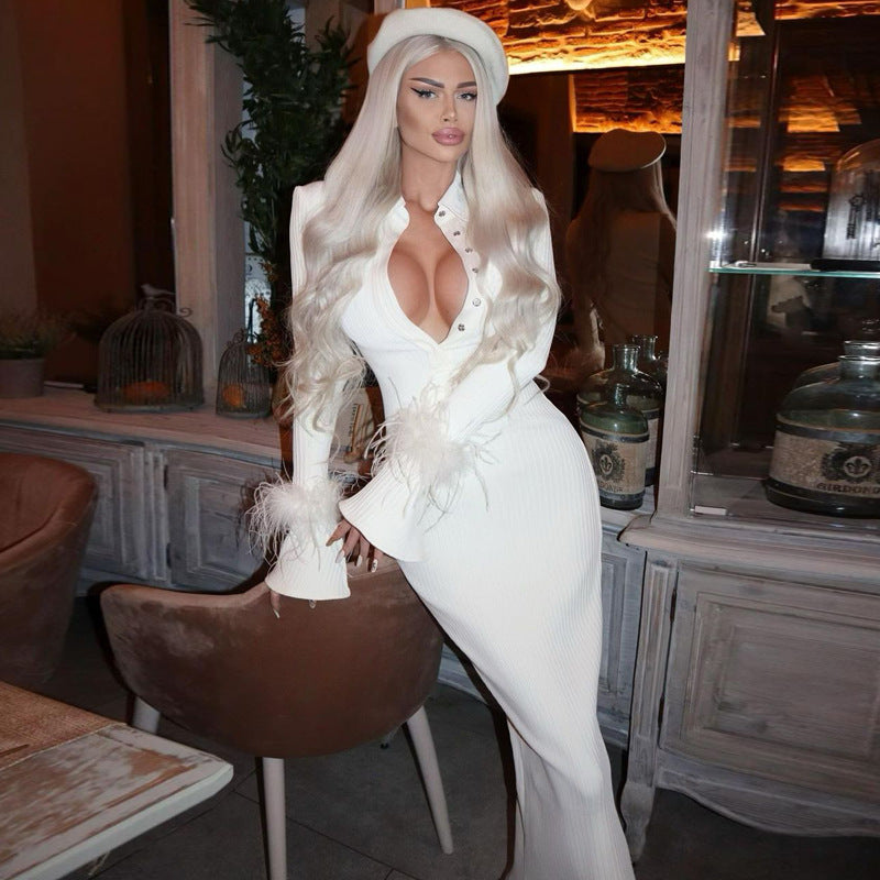 Chic Polo Collar Long Dress In White For Everyday Elegance