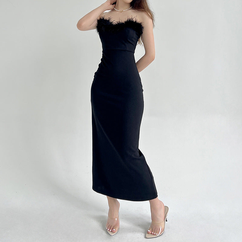 Midnight Black Cotton Tube Top Dress With Sleek Sleeveless Round Neck