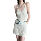 Hollow Knit Dress For Women With High Waist Short