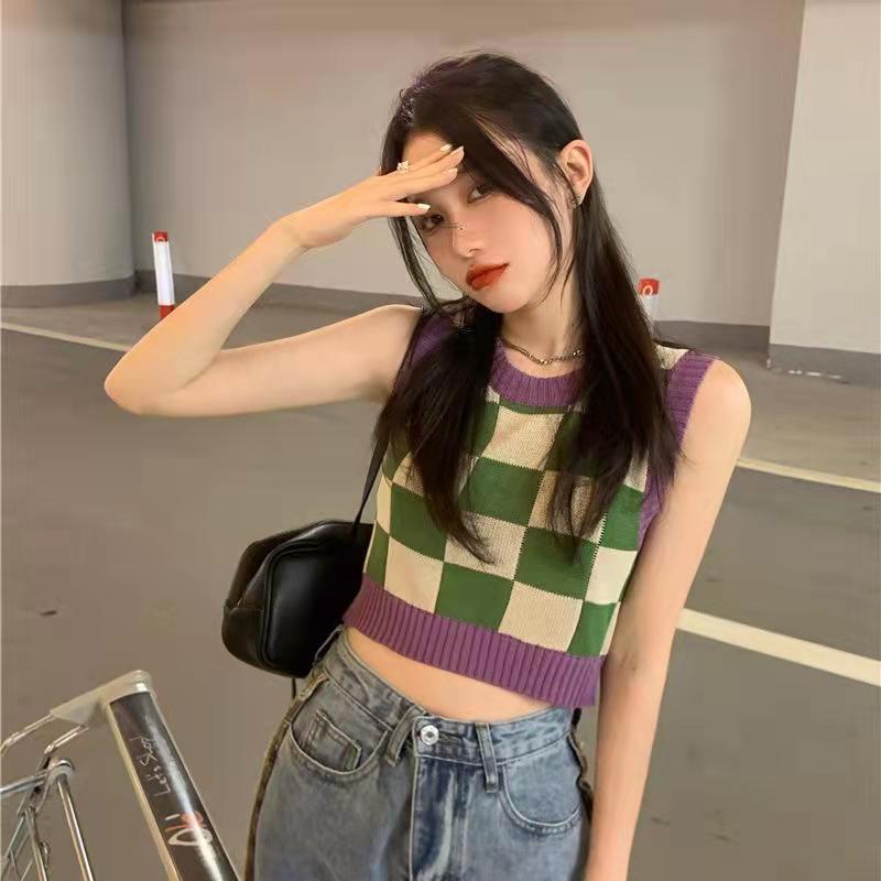 Plaid Square Knitted Camisole Soft Viscose Slim Fit Free Size