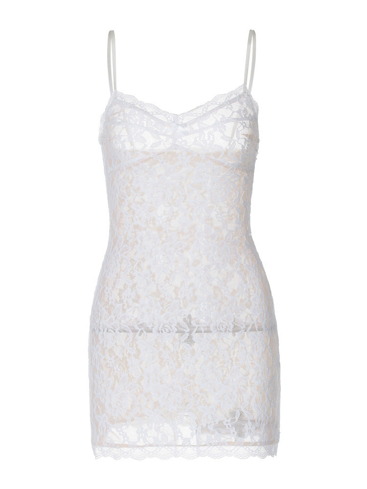 Lace Sheer Mini Dress With High Waist Silhouette Sleeveless