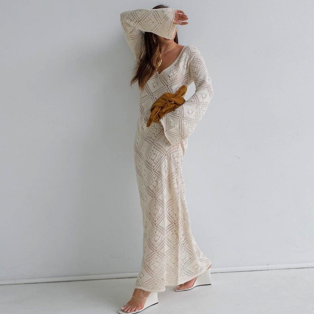 Seaside Geometric Maxi Dress With Bell Sleeves