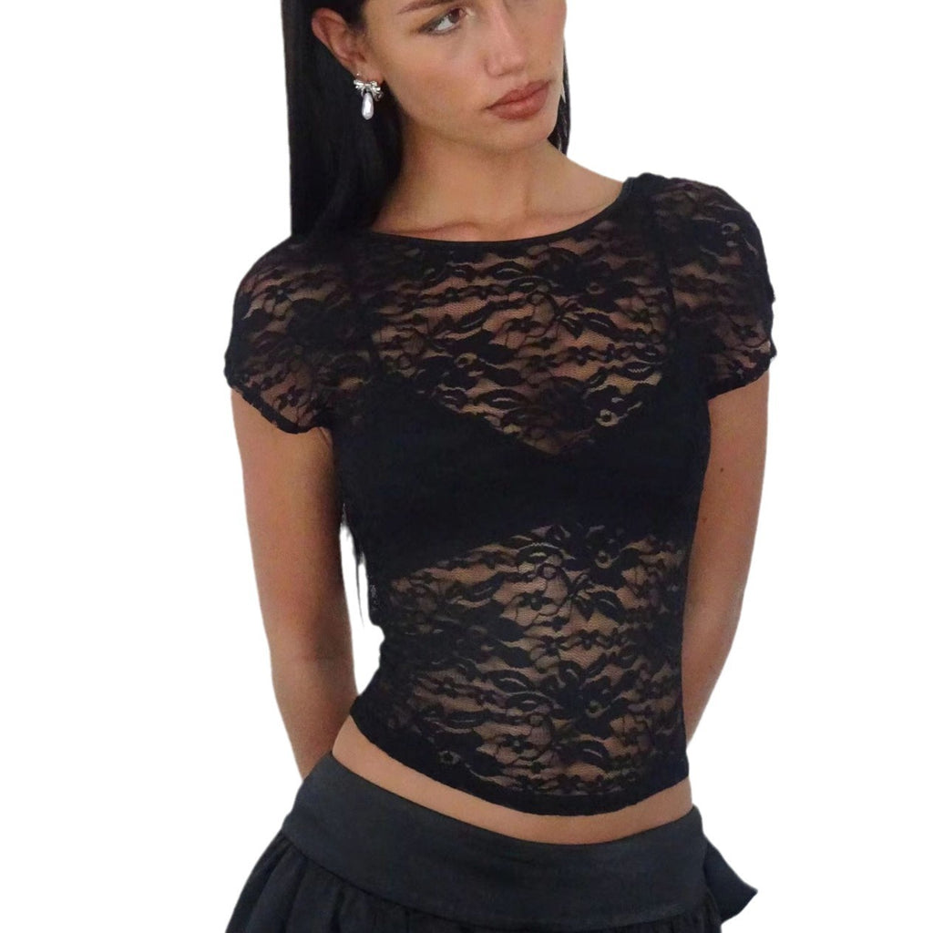 Lace Round Neck Slim Fit Top For Women See Through