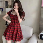 French Red Plaid Dress