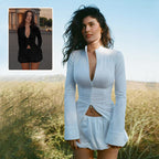 V Neck Zipper Top And Mini Skirt Set